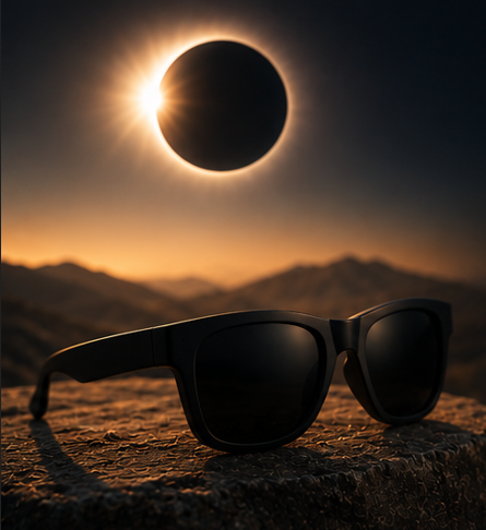 Gafas ECLIP con eclipse solar de fondo